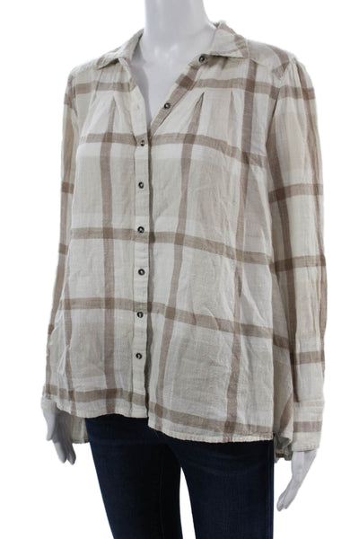 Free People Women Bohemian Plaid Tunic Button Up Beige Long Sleeve Size XS