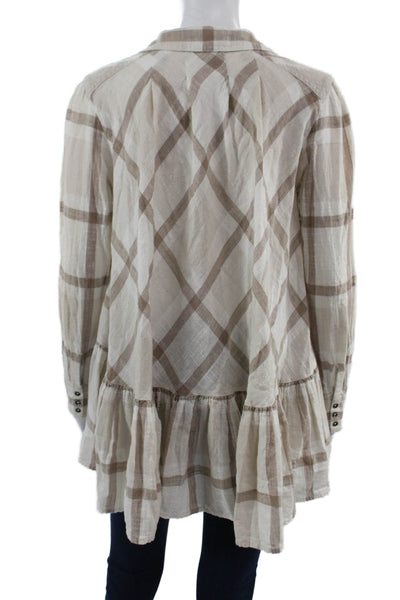 Free People Women Bohemian Plaid Tunic Button Up Beige Long Sleeve Size XS