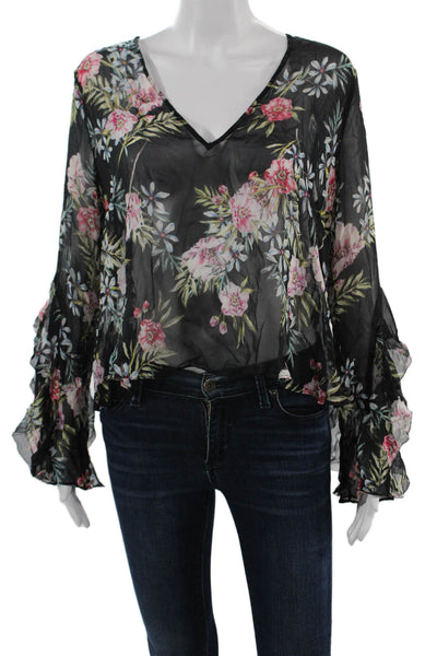 Intermix Women Black V-Neck Floral Viscose Long Sleeve Blouse Size M