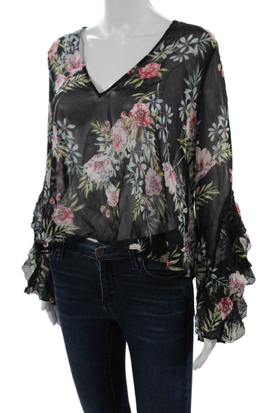 Intermix Women Black V-Neck Floral Viscose Long Sleeve Blouse Size M