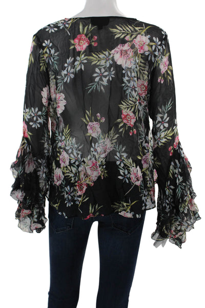 Intermix Women Black V-Neck Floral Viscose Long Sleeve Blouse Size M