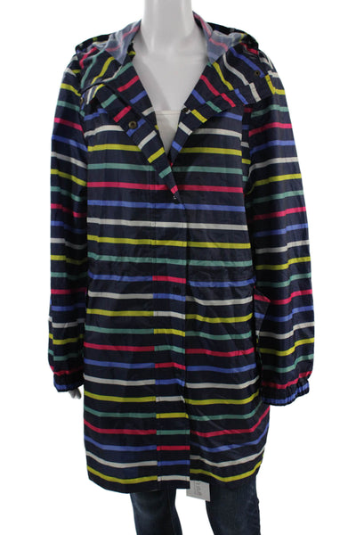 Joules Womens Raincoat Windbreaker Striped Dark Blue Button Polyester Size 12