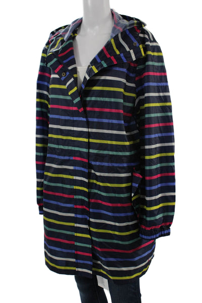 Joules Womens Raincoat Windbreaker Striped Dark Blue Button Polyester Size 12