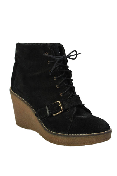 1937 Footwear Womens Suede Platform Lace Up Wedge Ankle Boots Black Size 10