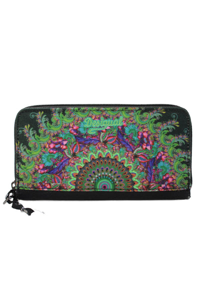 Desigual Womens Leather Printed Jeweled Zip Around Wallet Black