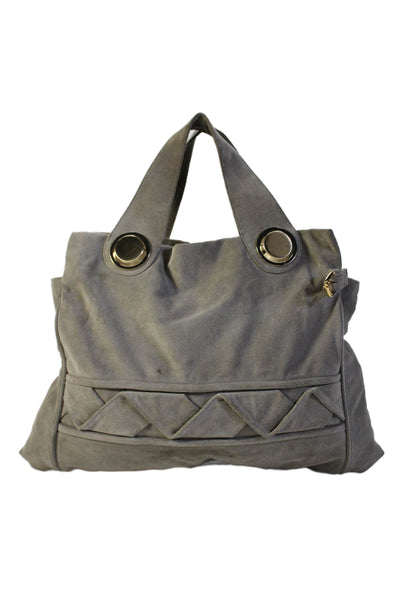 Gustto Womens Suede Gold Tone Woven Front Shoulder Handbag Grey