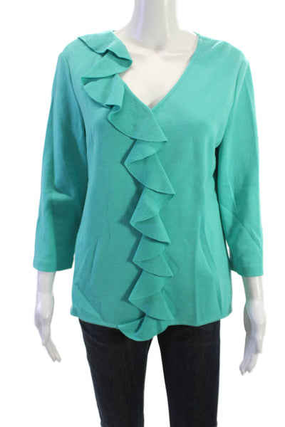 St. John Women Designer V-Neck Zip 3/4 Sleeve Green Wool Blend Blouse Size M