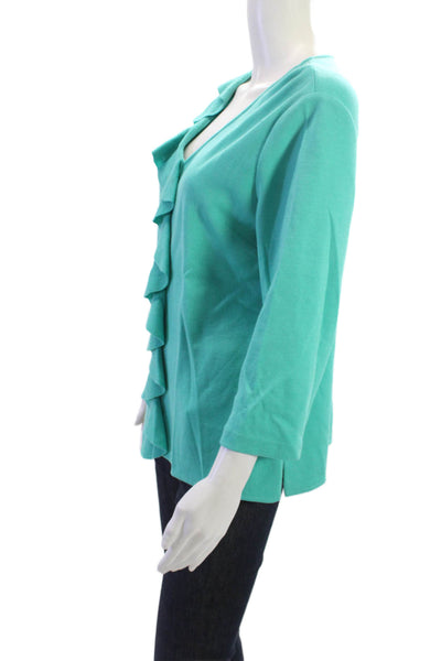 St. John Women Designer V-Neck Zip 3/4 Sleeve Green Wool Blend Blouse Size M