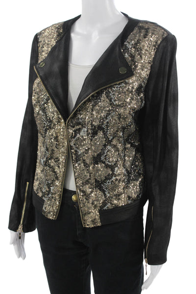 Insight Womens Biker Motorcycle Jacket Black Animal Print Long Sleeve Size 10