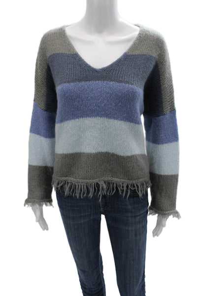 Wooden Ships Unisex Dark Gray Striped V-Neck Pullover Sweater Mohair Size S