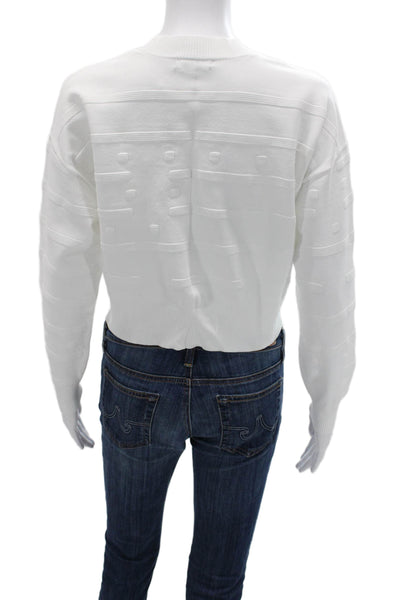525 Unisex Pullover Sweater White Striped Cotton Crewneck Long Sleeve Size S