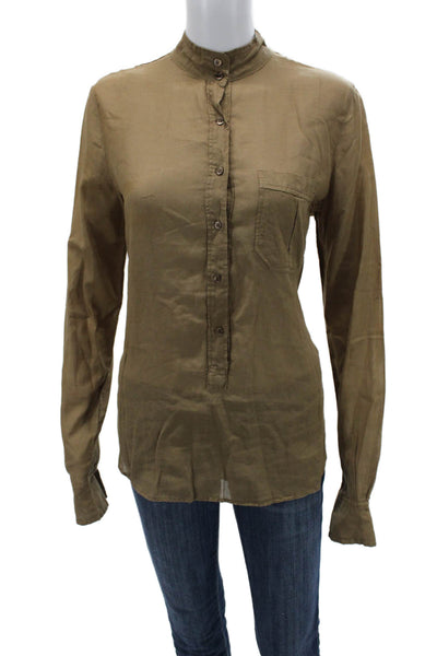 Shirt Womens High Neck Button-Up Brown 100% Cotton Long Sleeve Size 2