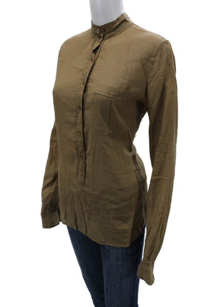 Shirt Womens High Neck Button-Up Brown 100% Cotton Long Sleeve Size 2
