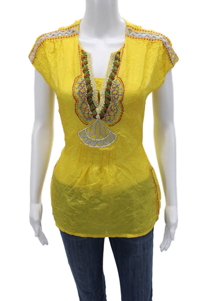 Nanette Lepore Women Tunic Blouse Yellow Silk V-Neck Cap Sleeve Bohemian Size 4