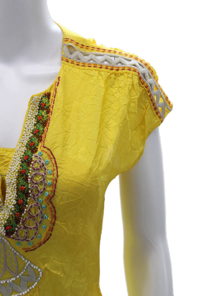 Nanette Lepore Women Tunic Blouse Yellow Silk V-Neck Cap Sleeve Bohemian Size 4