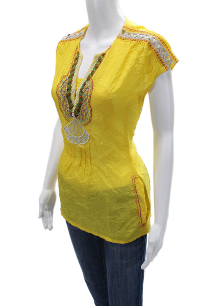Nanette Lepore Women Tunic Blouse Yellow Silk V-Neck Cap Sleeve Bohemian Size 4