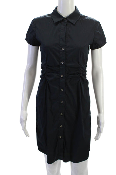 Theory Women Shirt Dress Midi Black Short Sleeve Collared Cotton Blend Size 4