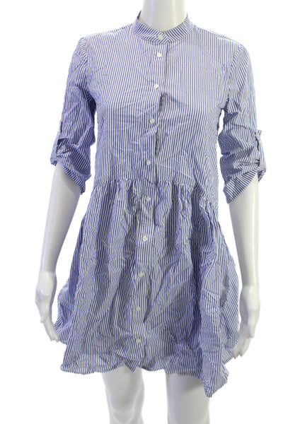 Madewell Women Striped Collared Shirt Dress Blue 3/4 Sleeve Size 2XS