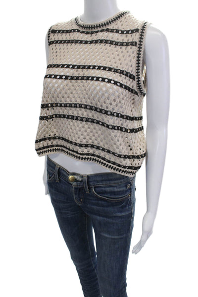 Solitaire Womens Cropped Striped Tank Sleeveless Crew Neck Beige Acrylic Size S