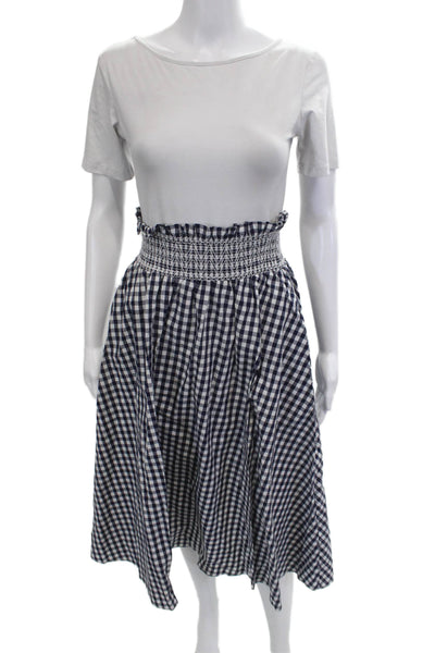 Zara Women A-Line Peasant Skirt Blue Check Cotton Knee Length Size S