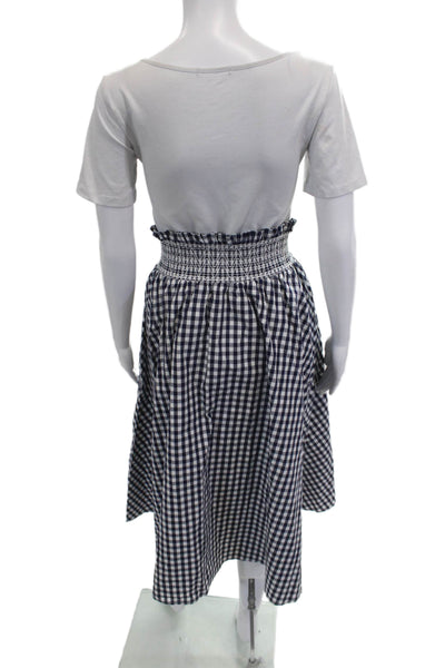 Zara Women A-Line Peasant Skirt Blue Check Cotton Knee Length Size S