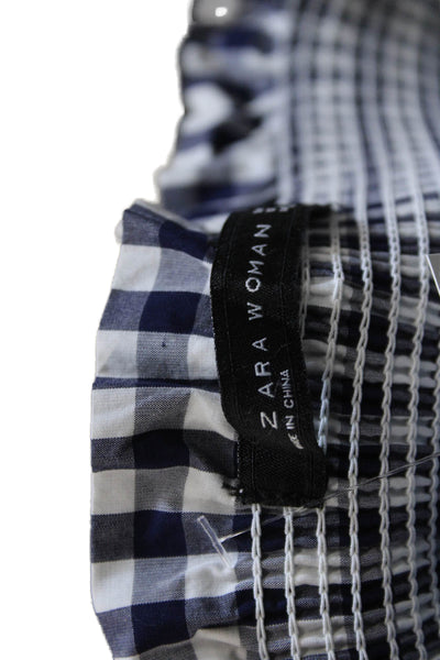 Zara Women A-Line Peasant Skirt Blue Check Cotton Knee Length Size S