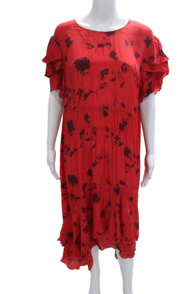 Preen Line Women Red Floral Shift Dress Short Sleeve Round Neck Size L