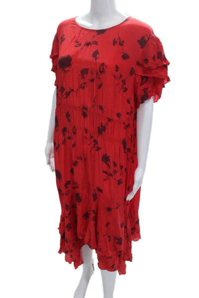 Preen Line Women Red Floral Shift Dress Short Sleeve Round Neck Size L