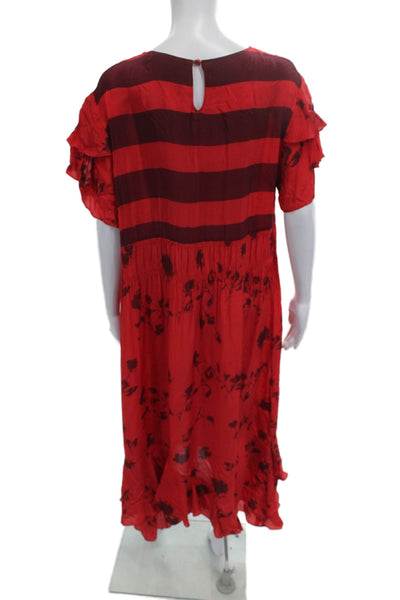 Preen Line Women Red Floral Shift Dress Short Sleeve Round Neck Size L