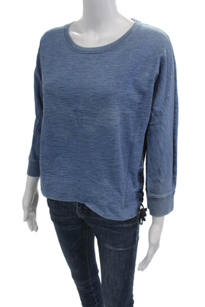 J Crew Women Blue Cotton Pullover Sweatshirt 3/4 Sleeve Crew Neck Size M