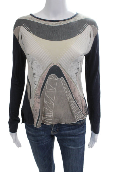 Zara Women Basic Dark Blue Geometric Round Neck Viscose T-Shirt Size S