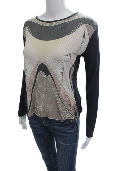 Zara Women Basic Dark Blue Geometric Round Neck Viscose T-Shirt Size S