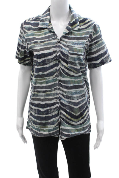 IRO Mens Striped Collared Short Sleeve Button-Up Shirt Black 100% Cotton Size M