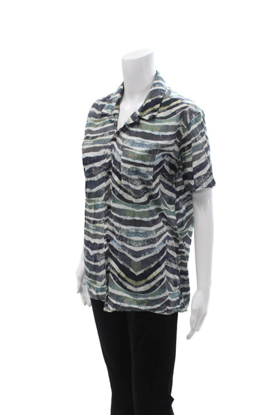 IRO Mens Striped Collared Short Sleeve Button-Up Shirt Black 100% Cotton Size M