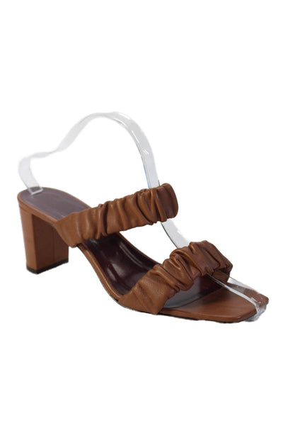 Staud Womens Leather Scrunched Slide On Sandal Heels Brown Size 38 8