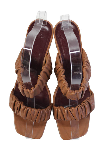 Staud Womens Leather Scrunched Slide On Sandal Heels Brown Size 38 8