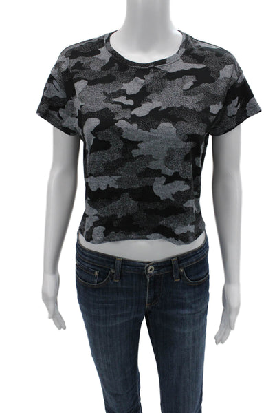 Lululemon Women Black Camouflage Cropped T-Shirt Crew Neck Short Sleeve Size 6