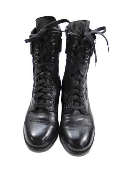 Chanel Womens Lace Up Double Zip Quilted Leather CC Combat Boots Black Size 36