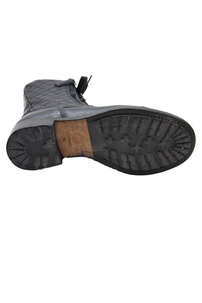 Chanel Womens Lace Up Double Zip Quilted Leather CC Combat Boots Black Size 36