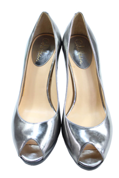 Cole Haan Women's Open Toe Patent Leather Cone Heels Pumps Silver Size 10.5