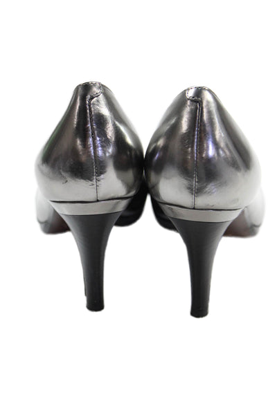 Cole Haan Women's Open Toe Patent Leather Cone Heels Pumps Silver Size 10.5