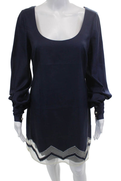 Tracy Reese Women Shift Dress Dark Blue Silk Long Sleeve Round Neck Size 8