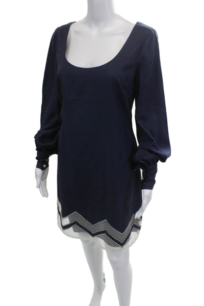 Tracy Reese Women Shift Dress Dark Blue Silk Long Sleeve Round Neck Size 8