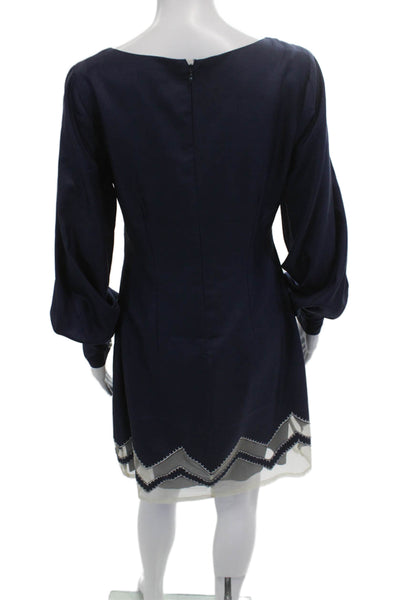 Tracy Reese Women Shift Dress Dark Blue Silk Long Sleeve Round Neck Size 8