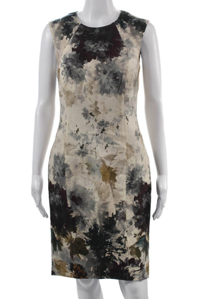 Les Copains Women Sheath Dress Beige Floral Sleeveless Knee Length Size 42