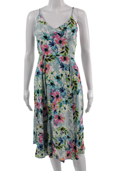 Yumi Kim Womens Light Blue Silk Floral V Neck Slip Dress Size XS