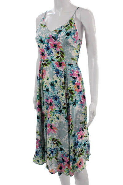 Yumi Kim Womens Light Blue Silk Floral V Neck Slip Dress Size XS
