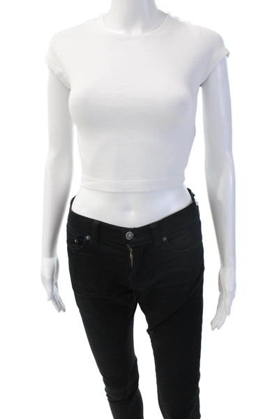 Zara Womens Cropped T Shirt White Crew Neck Cotton Modal Elastane Size M