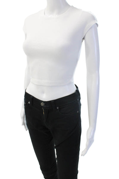 Zara Womens Cropped T Shirt White Crew Neck Cotton Modal Elastane Size M