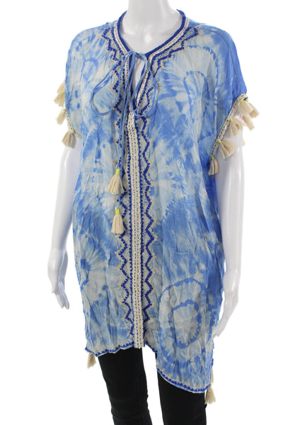 Skemo Womens Tunic Bohemian Blue Sleeveless Rayon Drawstring Round Neck Size M